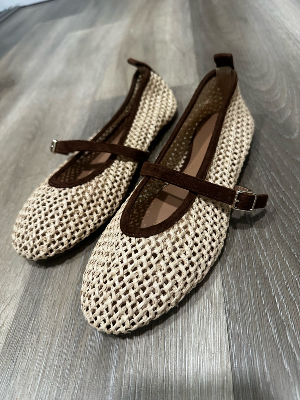 H&M Woven Straw Mary Jane Flats with Brown Trim